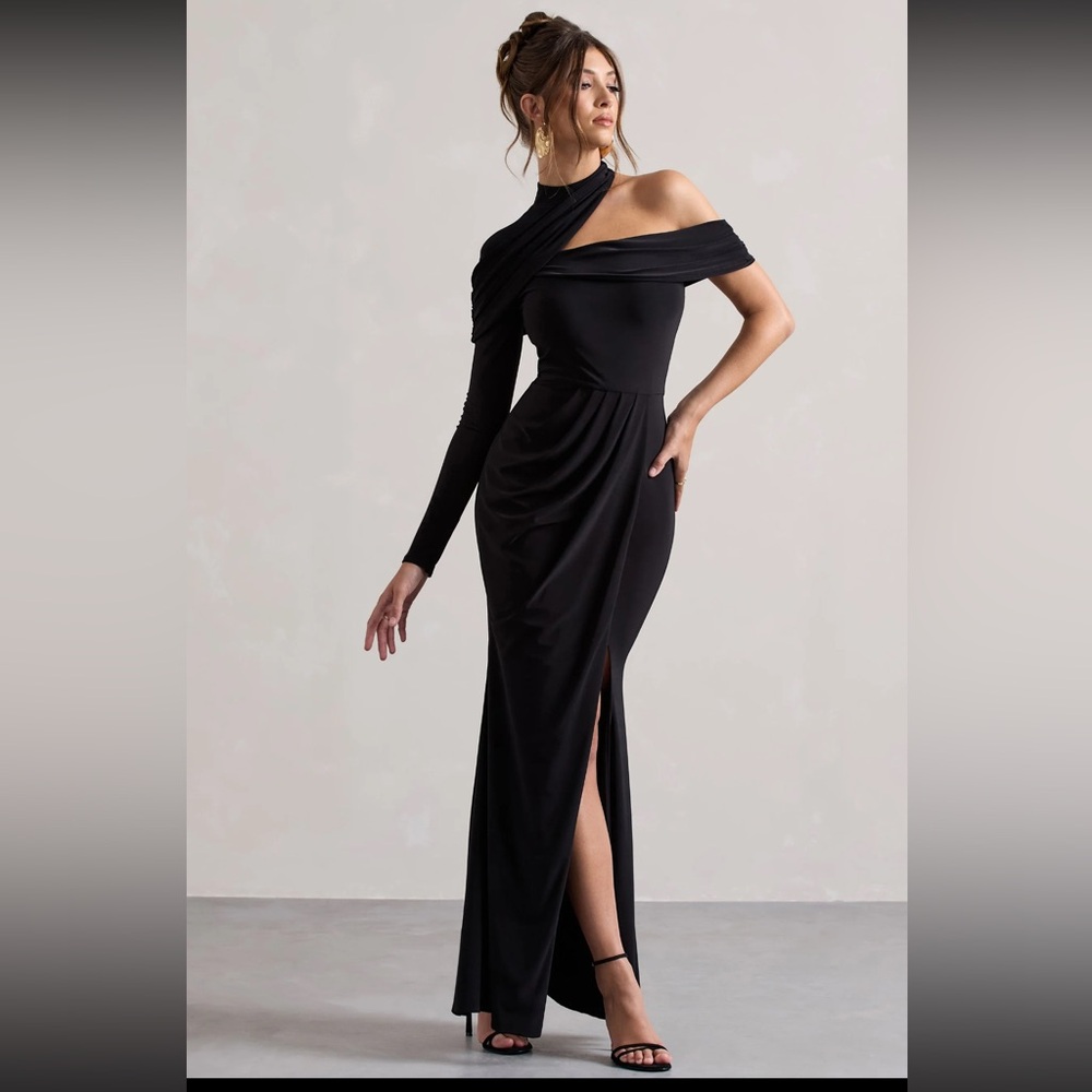 Club L London Black One-Shoulder Draped Evening Gown